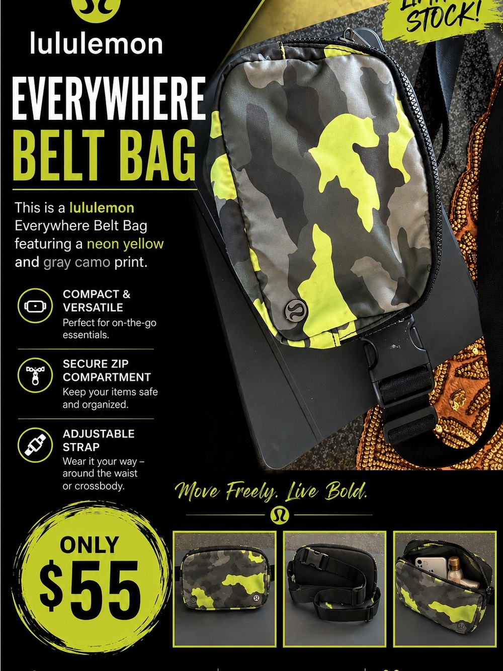 lululemon athletica Everywhere Belt Bag — Neon Yellow & Gray Camo